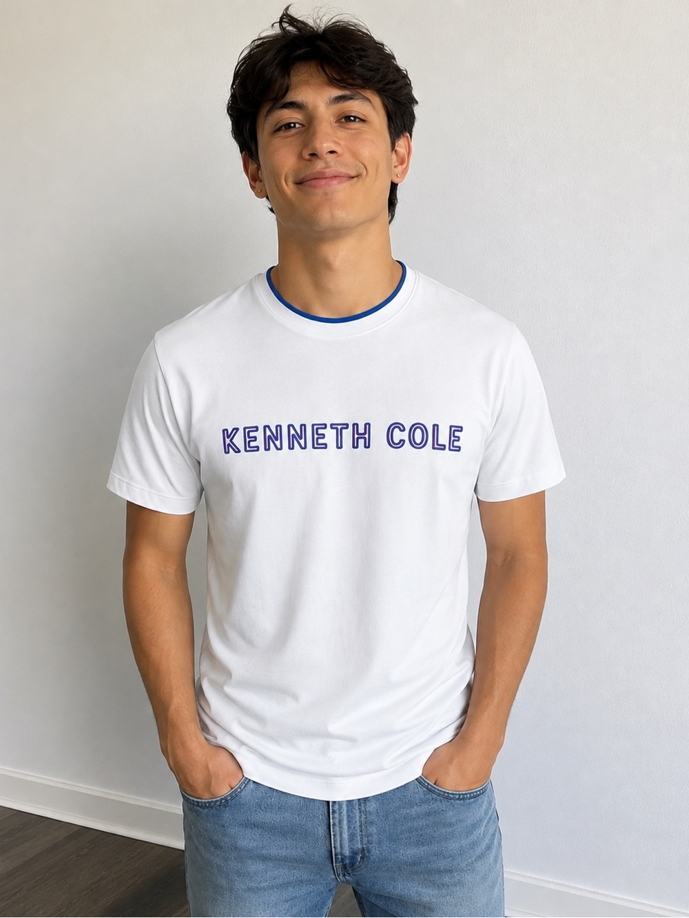 Kenneth Cole Mens Small White Blue Logo Short Sleeve Tee Stretch NEW